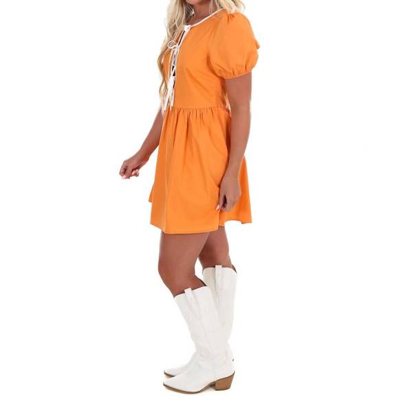 NEW LE LIS power play bow detail mini dress in orange - Picture 3 of 4